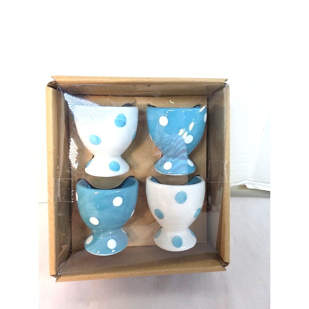 New Set Of 4 Polka Dot Egg Cups  Aqua  Turquoise / Blue & White